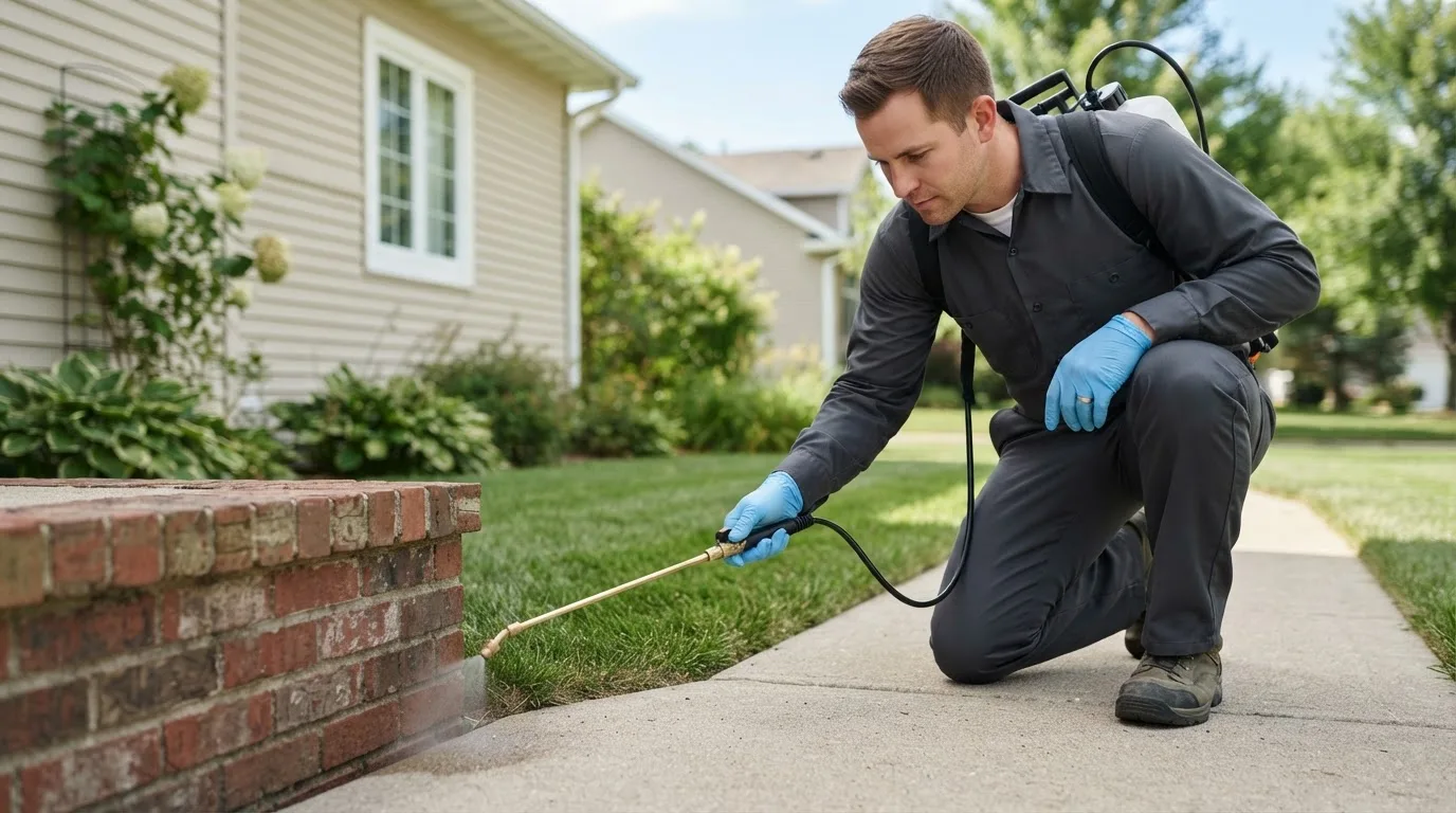 Pest control technician treating a home near Grove City, MN