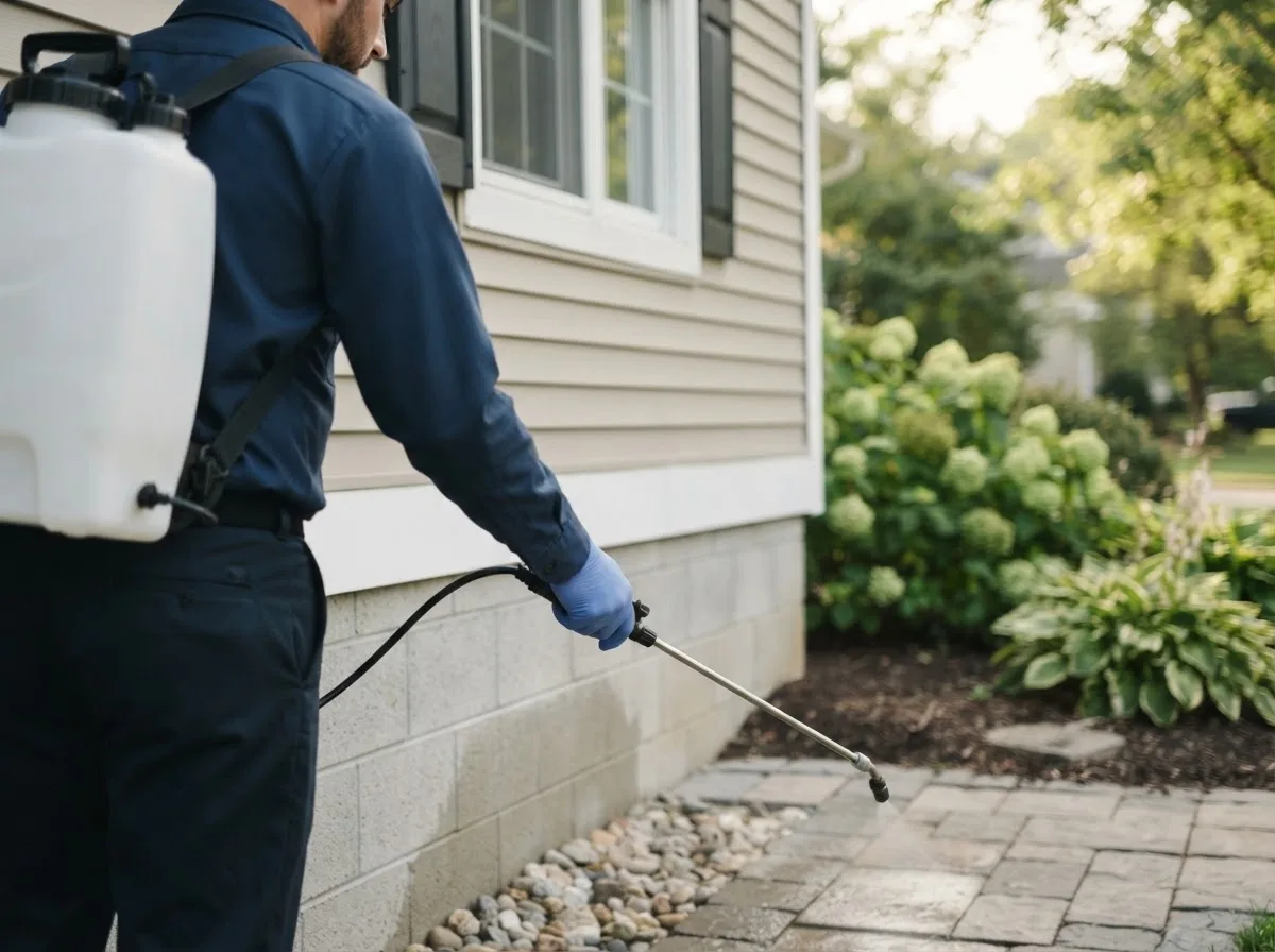 Pest control technician inspecting a home in Grove City, MN